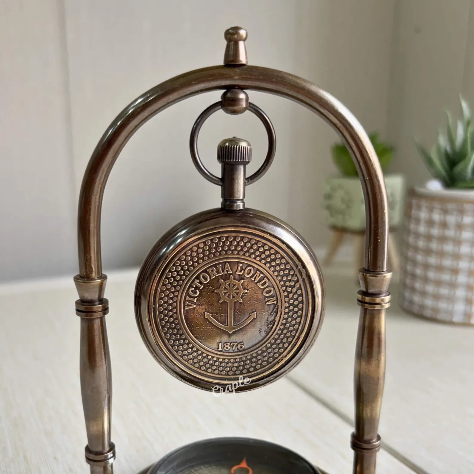 Handmade Vintage Brass Desk Clock with Built-In Compass
